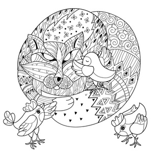 手绘涂鸦大纲狐狸和鸡睡觉