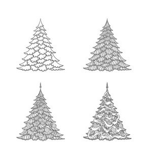 组的圣诞树。轮廓图的绘制。好的着色为成人着色书页