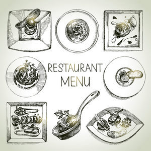 手绘草图的餐厅，食物组