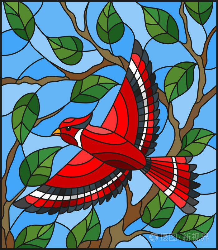 插画风格的彩绘玻璃与一只美丽的红鸟分支树和天空的背景上