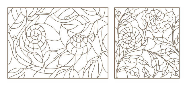 组的平面插图的彩色玻璃窗用蜗牛和植物