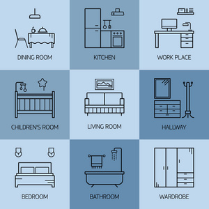 一套线矢量室内设计房间类型图标