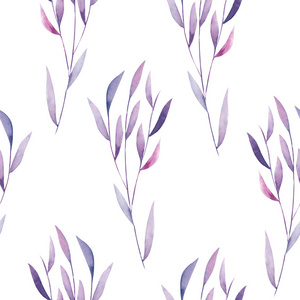 无缝花纹与水彩紫色叶子在树枝上