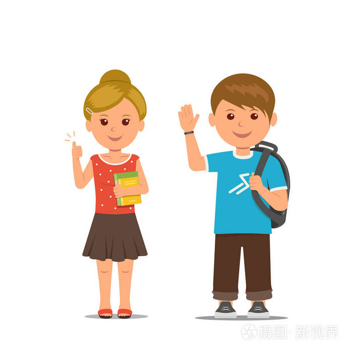 小学生用背包友好挥舞着的手女生的书举起了大拇指孤立无助的儿童卡通