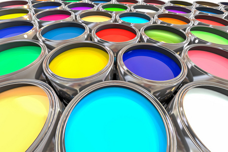3d 渲染油漆罐与多种颜色