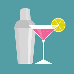 摇加粉色马提尼酒 鸡尾酒和振动器图标 平面设计