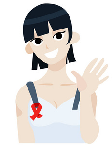 欢呼的亚洲女孩面带笑容的红丝带。世界艾滋病日卡通矢量插画在平面样式
