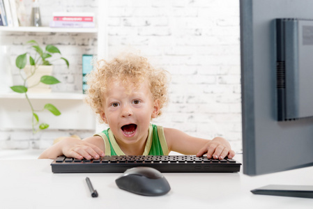 一个金发碧眼的小男孩玩电脑