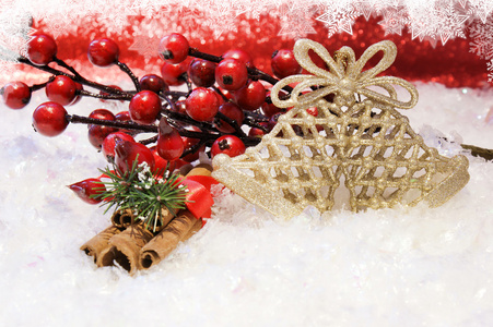 圣诞节背景与肉桂 浆果和雪花