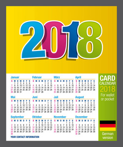 有用的双面卡日历 2018年钱包或口袋里，在全彩。大小 9 厘米 x 5.5 厘米.德国版本