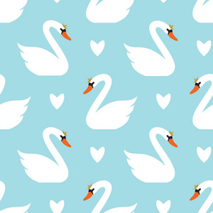 天鹅图矢量无缝天鹅图案.在蓝色背景上的白色天鹅照片