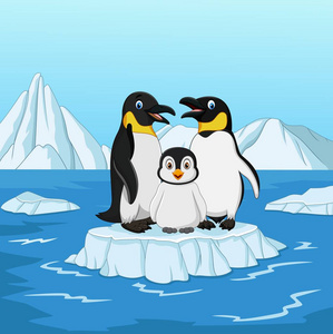 卡通快乐企鹅家庭站在浮冰上