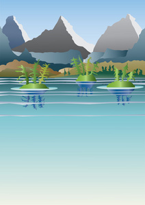 高山湖泊岛屿与大山在后台图片