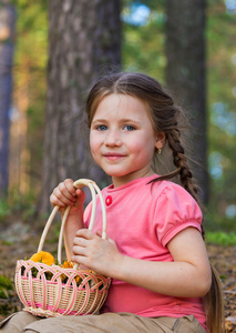 在森林里的蘑菇篮漂亮儿童女孩