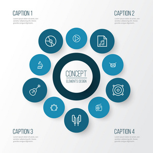 耳机媒体多媒体大纲图标设置.圆, 耳机, 塑料和其他元素的集合.