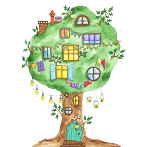 橡木树水彩童话橡木树与 windows 花环 灯具 标志照片