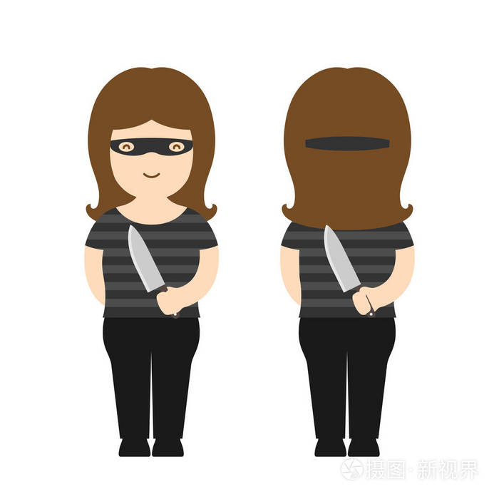 微笑的女人小偷有背后的刀和孤立的白色背景上的面具,正面和背面视图