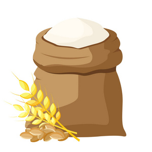 麦穗图一袋面粉和一把铲子, 小麦的麦穗.矢量图照片