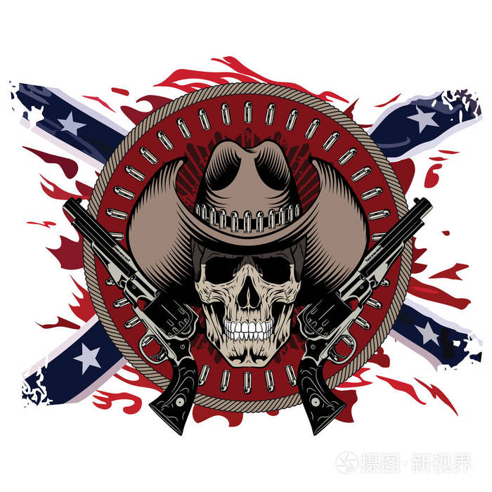 头骨的牛仔帽,两根交叉的枪和子弹,对美国邦联旗的背景