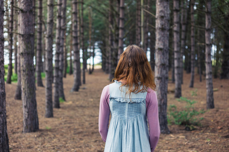 女人站在森林里，看着树