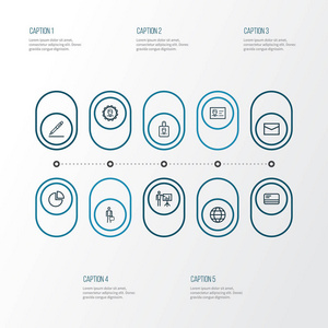 工作大纲图标设置。商人 圆形图 识别和其他元素的集合。此外包括钢笔 银行 邮件等符号