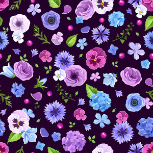 无缝模式与蓝色和紫色的花。矢量图