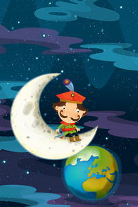卡通场景贵族是在月球上的坐着看从距离地球