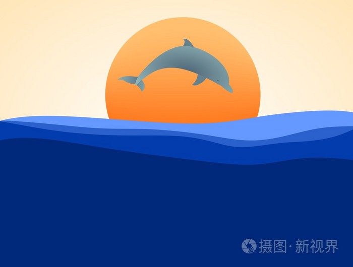 日落与海平面以上跳跃的海豚插画-正版商用图片0eg6bc-摄图新视界