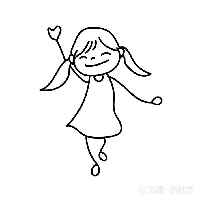 艺术线条的手绘图快乐可爱的女孩