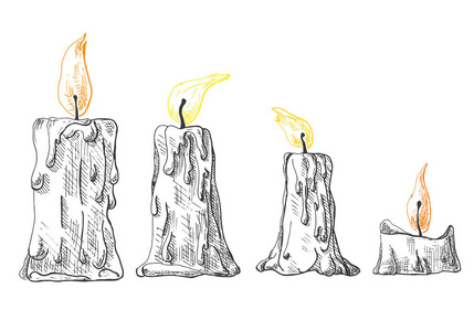 蜡烛样式手绘集燃烧的蜡烛.矢量图的素描样式照片