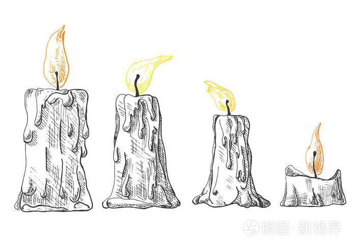 手绘集燃烧的蜡烛.矢量图的素描样式