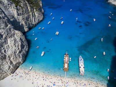 在扎金索斯，Navagio B Navagio 沉船 海滩的鸟瞰图