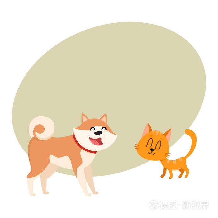 秋田犬的狗和红猫 小猫字符 友情观插画 正版商用图片0egam6 摄图新视界