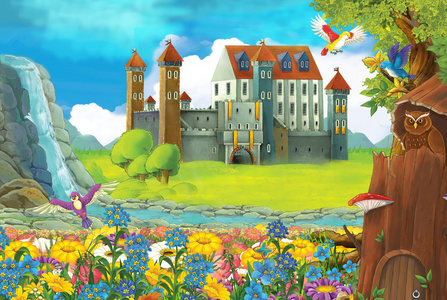 卡通场景城堡与儿童森林不同用法童话故事书或游戏舞台图中的树屋