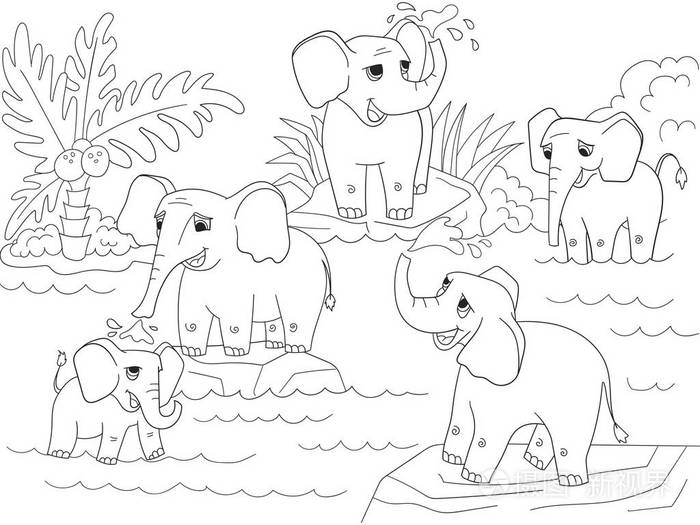 家庭的非洲大象着色书为儿童卡通矢量图插画