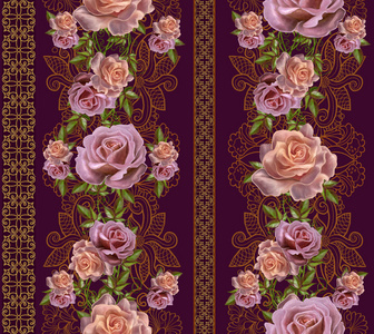 垂直的花卉边框。模式，无缝。旧样式。粉色和橙色的玫瑰，金边境，黄金镶嵌的花环