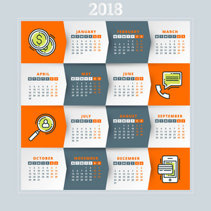 2018 年的日历。矢量设计模板。周从星期一开始。平面样式颜色矢量图和业务图标