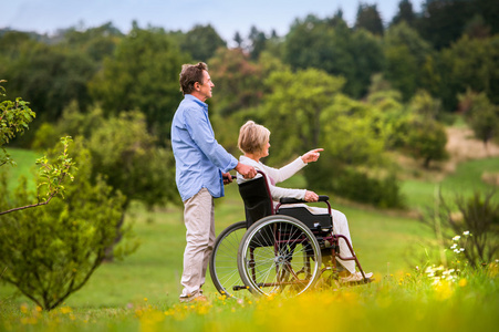 老人推着轮椅,绿色秋天自然女人照片