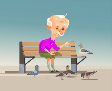 快乐的微笑喂鸽子的老祖父字符.矢量平面卡通插画照片