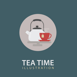 茶时间图标图。白色的水壶和红杯茶