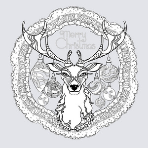 矢量手绘曼荼罗与冬季装饰元素, 鹿