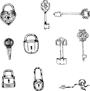 锁和钥匙在老风格黑色与白色矢量图标集