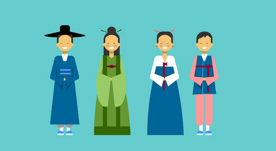 亚洲人穿着传统服装男女在韩国民族服装