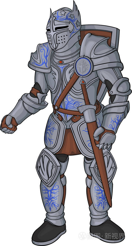 详细的卡通骑士与重型装甲在白色背景