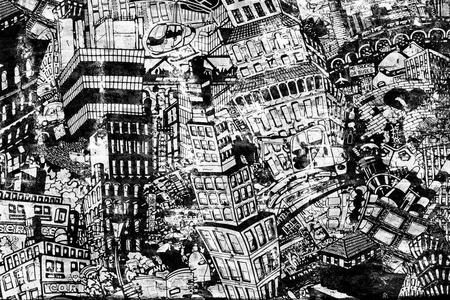 城市, 一个大拼贴画的插图, 房子, 汽车和人