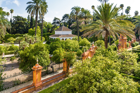 在塞维利亚,西班牙安达卢西亚省阿尔卡萨皇宫的内美丽的花园照片