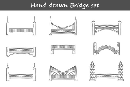 大纲卡通套桥梁放在手工绘制的样式。城市和旅游的概念