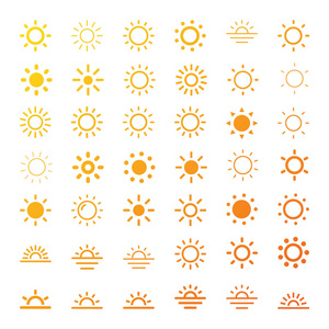 太阳图标线矢量集。太阳剪影。孤立向量插图