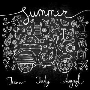 夏天，一整套白色图标和符号与摩托车，黑板上的铭文。铭文，矢量图图片