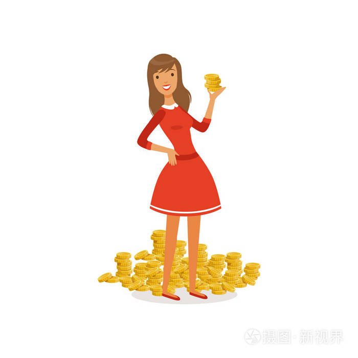 美丽的年轻成功的富有的妇女字符在红色礼服站立旁边一